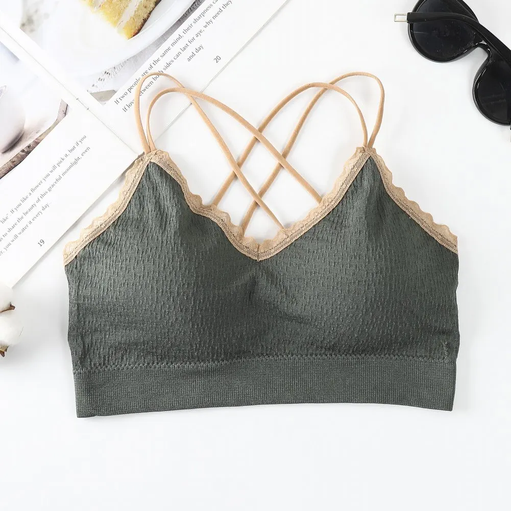 

Women Bralette Fitness Lace Thin Shoulder Strap Bra Underwear Full Cup Cross Back Lingerie Women Shockproof Push Up Bralette