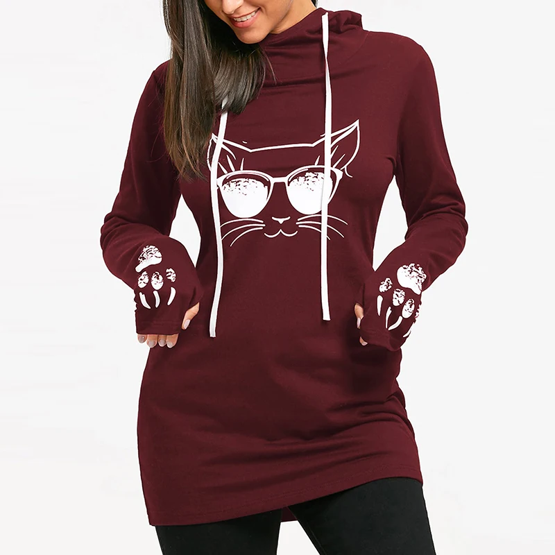 

2021 Autumn Fashion Women's Cotton O-neck Long Sleeve Casual Style Sweatshirts Cartoon Cat Print Drawstring Tunic Hoodie