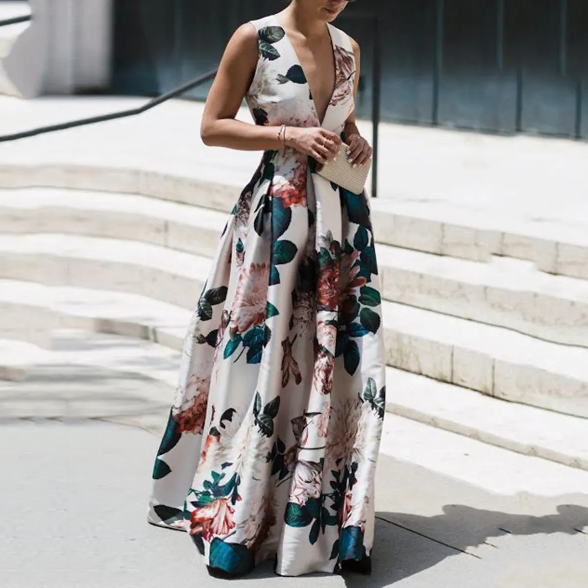 

Vestido De Festa Vestido Longo Plus Size Women's Dress 2020 New Fashion Printing Temperament V-neck Sleeveless Waist Long Women