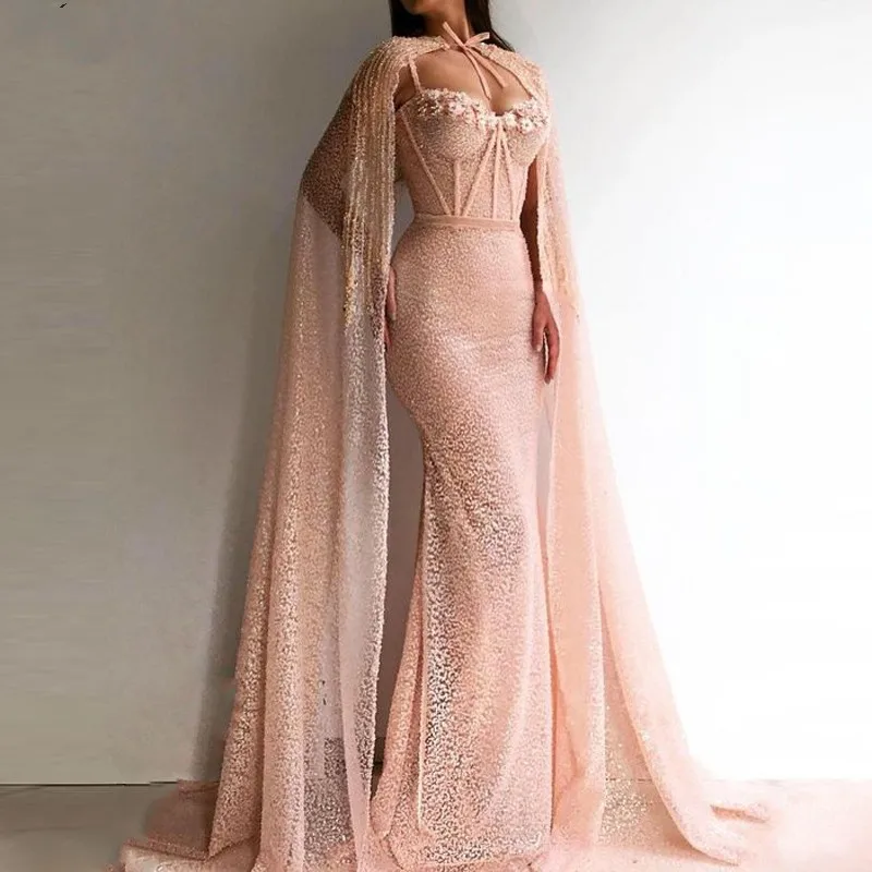 

Dubai Pageant Dress Long Vestido de festa 2 Pieces Evening Gowns With Cape robe de soiree Woman Prom Gown Custom Party Dress