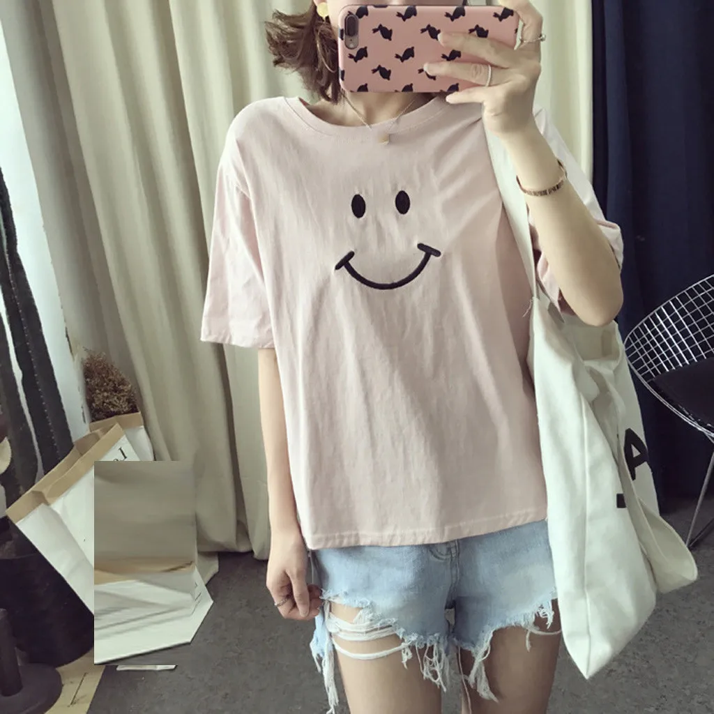 Новинка одноцветная женская футболка со смайликом повседневная хлопковая