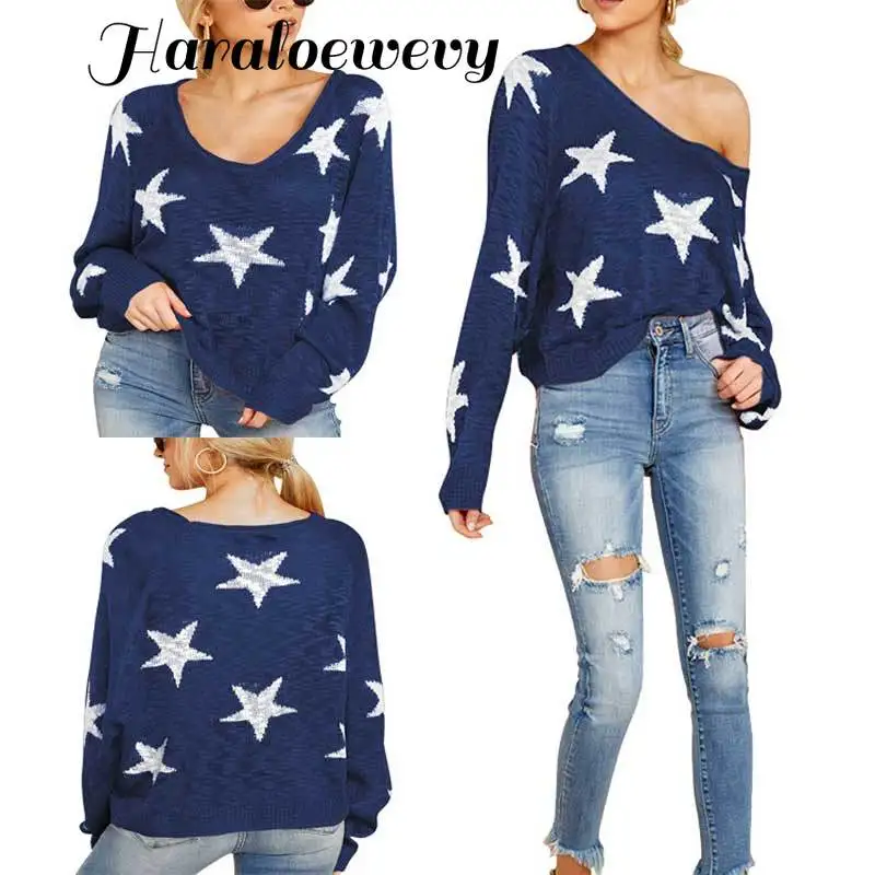 Sexy Off Shoulder Knitted Sweater Woman Autumn Streetwear Casual Loose V-Neck Stars Long Sleeve Print Pullover Large Size Tops | Женская