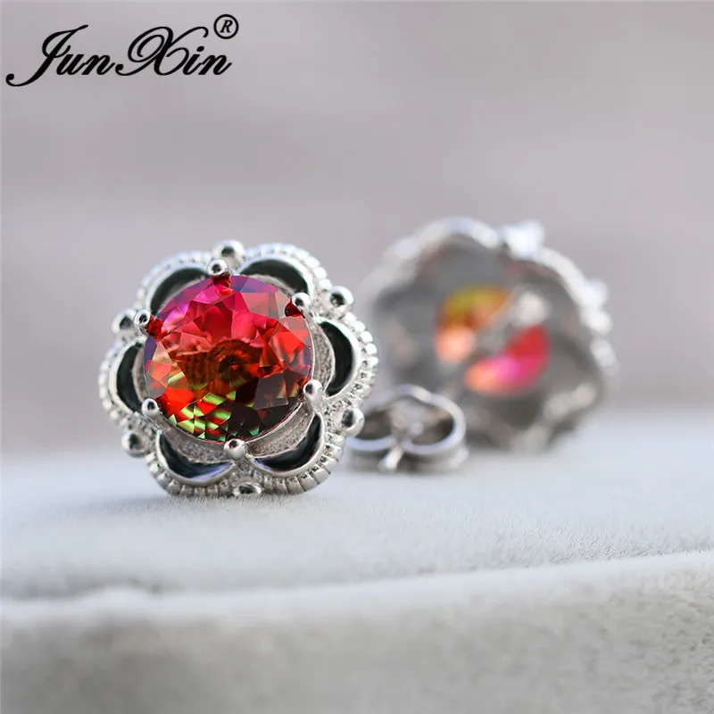 Роскошные Шарм Мистик цветок серьги из белого золота розового в цветах радуги