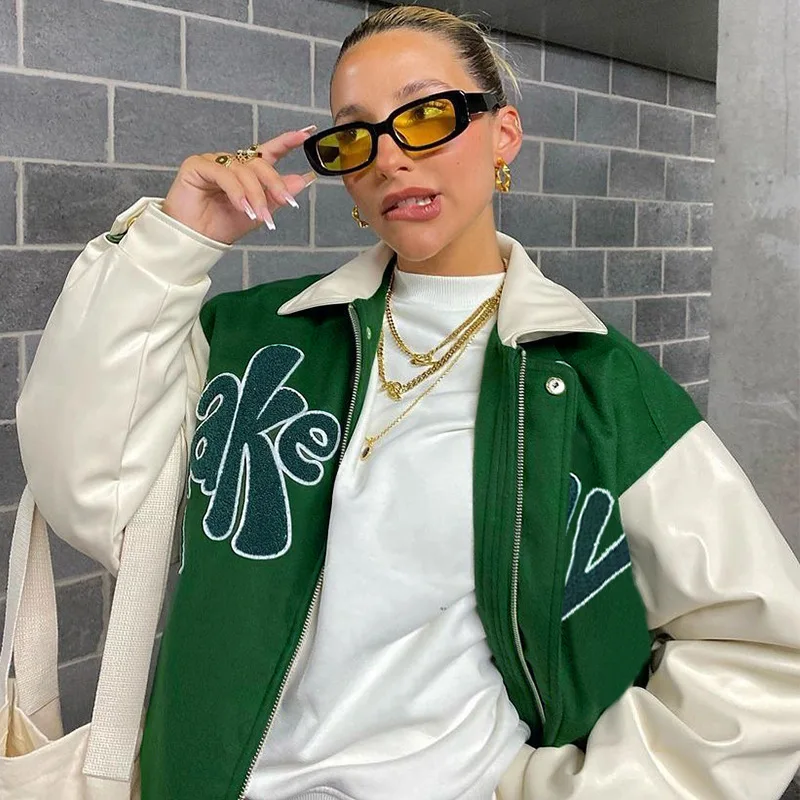 

DUAYR 2021 Fall Women's Bomber Jacket Fashion Green Lapel Baseball Jersey TAKE A TRIP Letter Applique PU Jackets Streetwear