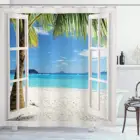 Бирюзовая занавеска для душа тропические пальмы на острове океан пляж через белые деревянные окна набор декора для ванной комнаты