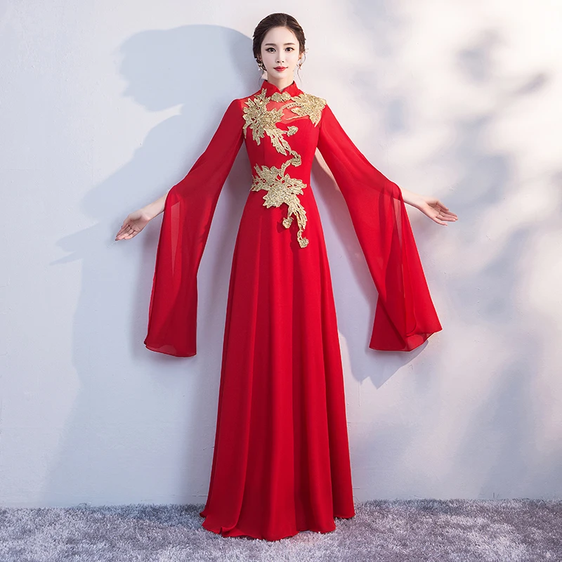 Женское вечернее платье в пол красное Ципао китайском стиле Элегантное Длинное