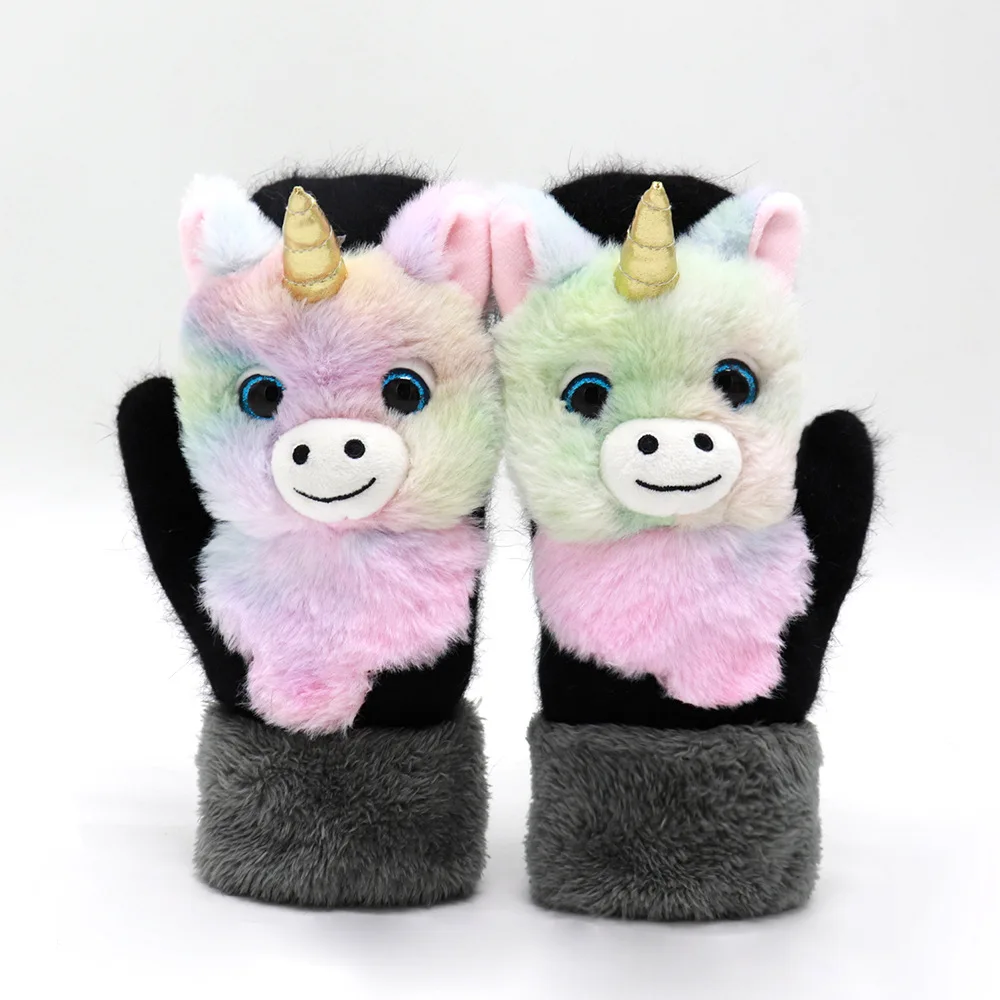 Женские теплые зимние перчатки с единорогом животными кошкой лисицей собакой