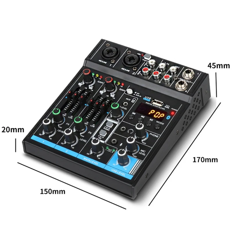 

Professional Audio Mixe, Sound Board Console 4-Channel Digital USB Bluetooth DJ Controller 48V Power for Stage Band Hom
