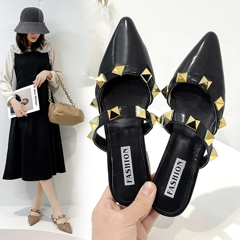 

Shoes Woman 2021 Pointed Toe Rivet Loafers Female Slippers Luxury Slides Square heel Low New Flat Designer Block Cover Soft Rubb
