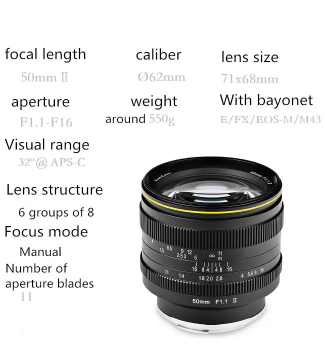 

Camera Lens Kamlan 50mm F1.1-F16 II APS-C Large Aperture Manual Focus Lens for Sony NEX Cameras 8 elements in 6 groups