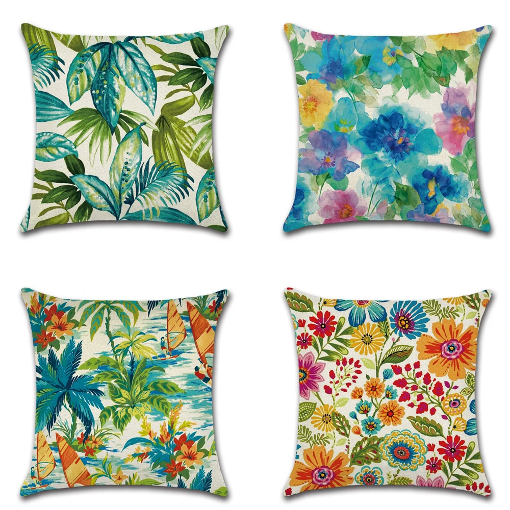 

Colorful Gouache Flower Green Leaves Pillow Case Linen Sofe Home Decorative Pillowcases Plants Natural Scenery Car Cushion Cover