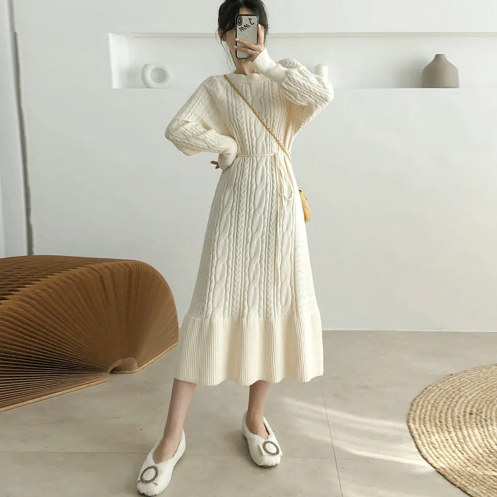 

Женское трикотажное платье SMTHMA, винтажное плотное теплое платье-миди на завязках, с длинным рукавом, Осень-зима 2021