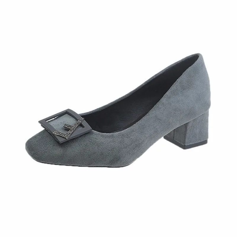 

Thick High Heels Women Shoes Female Pumps Square Buckle Work Shoes Woman 2020 New Flock Slip on Shallow Square Toe Casual Shoes