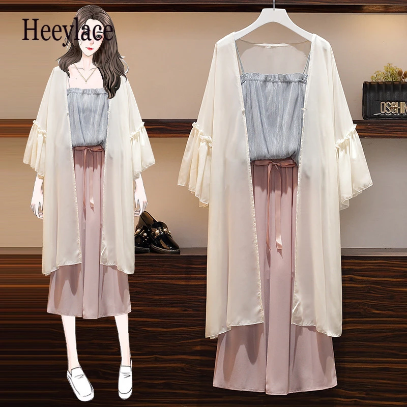 Женский Летний шифоновый Комплект из трех предметов жилет + широкие брюки