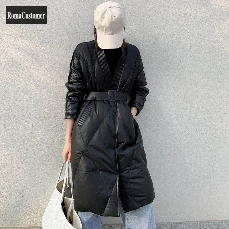 

Genuine Leather Down Jacket Winter New Womens Leather Coat Female Long Elegant Korean Fashion Loose Sashes Sheepskin Outerwear