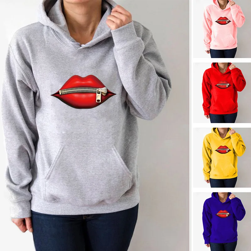 

Zipper Red Lip Printed Hoodies Women Fleece Long Sleeve Loose Sweatshirt with Hat Girls Women Hoodie Pullovers Winter
