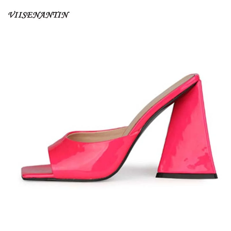 

Туфли с квадратным каблуком Лакированная кожа с открытым носком; Удобная обувь черного цвета на толстом каблуке, женские тапочки; Летние ту...