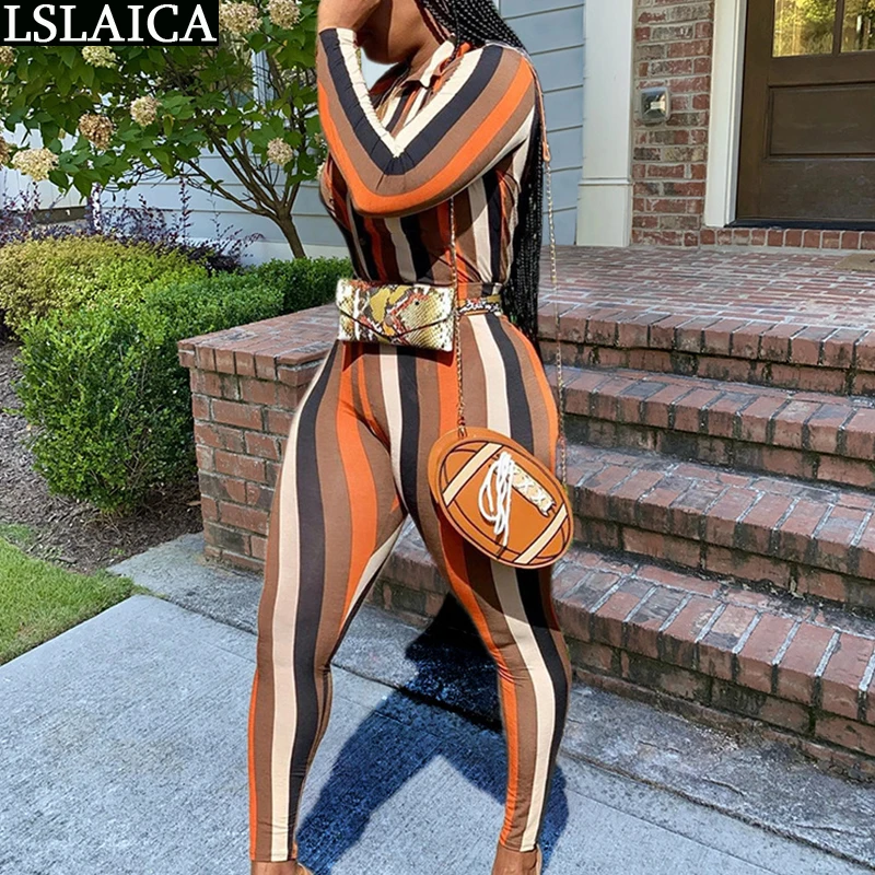 

Two Piece Set Women Turn-down Collar Single Breasted Office Lady Elastic Waist Two Piece Outfits Striped Printing Clothes Women
