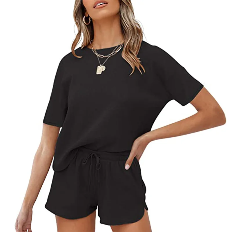 

Summer 2021 New women's short-sleeved T-shirt and shorts home clothing set solid color casual two-piece outwear suit for girl