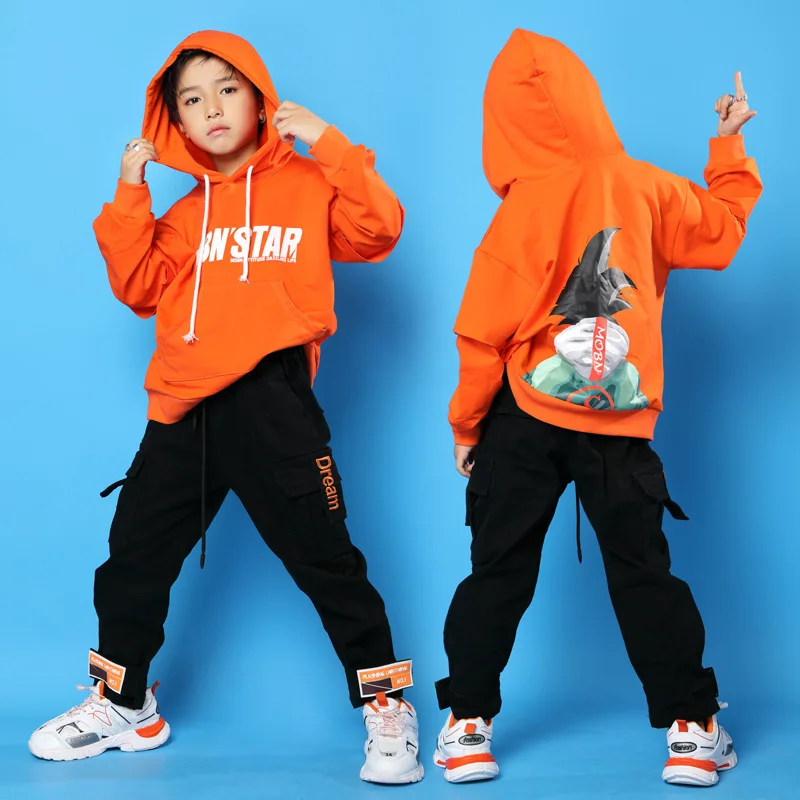 Детская крутая оранжевая толстовка с капюшоном топы черные повседневные штаны