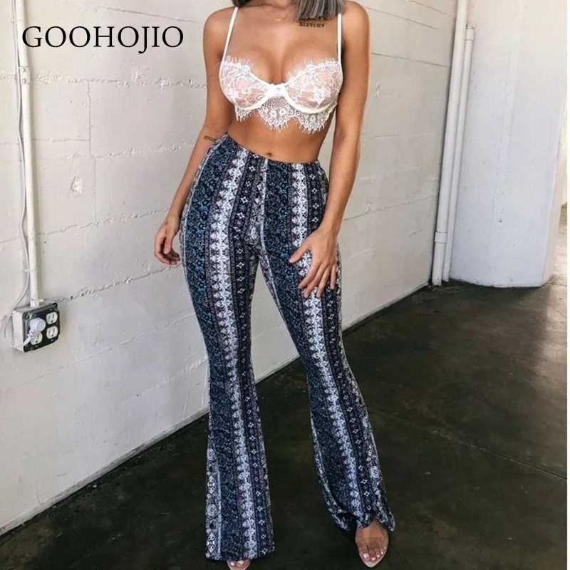 

Новинка 2021, весенне-осенние расклешенные брюки GOOHOJIO с высокой талией, женские брюки с цветочным узором для женщин, повседневные женские брю...