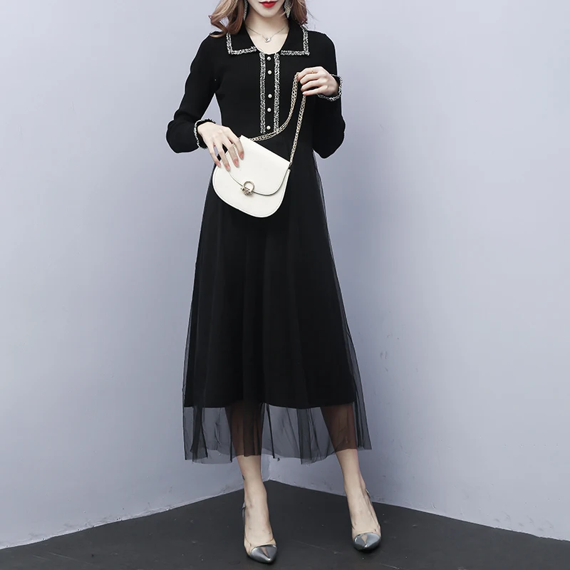 Одежда весна вязаное женское 2020 ретро платье с длинным рукавом элегантные