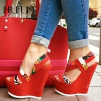 niufuni comfortable wedge womens sandals printing ethnic high heels sandals red wedding shoes peep toe elastic band women shoes