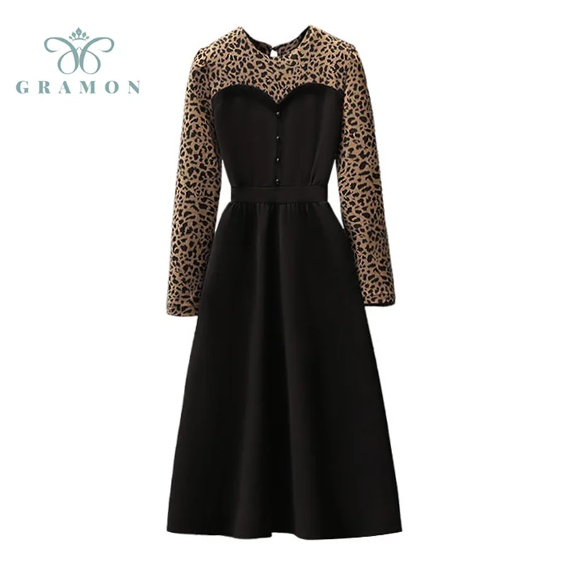 

Plus Size Dresses Autumn 2021 Women High Street Long Sleeve Leopard Splicing Dress Fashion O Neck Oversize Midi Vestido Feminino