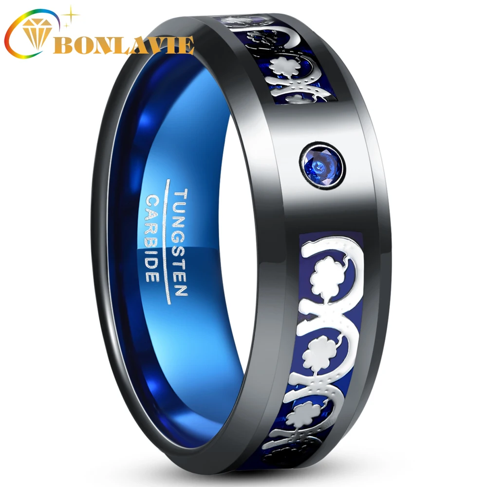 

BONLAVIE 8mm Inlaid Horseshoe Four-leaf Clover Blue Zircon Men's Black Tungsten Carbide Ring Jewelry