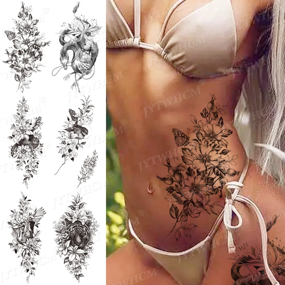 

Sexy Flower Rose Temporary Tattoo For Women Stickers Jeweler Peony Tribal Tattoo Painting Art Body Leg Realistic Tattos Sticker