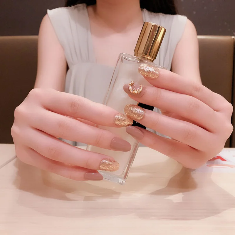 24 шт. нажимные ногти милые стильные накладные розового цвета блестящие золотые