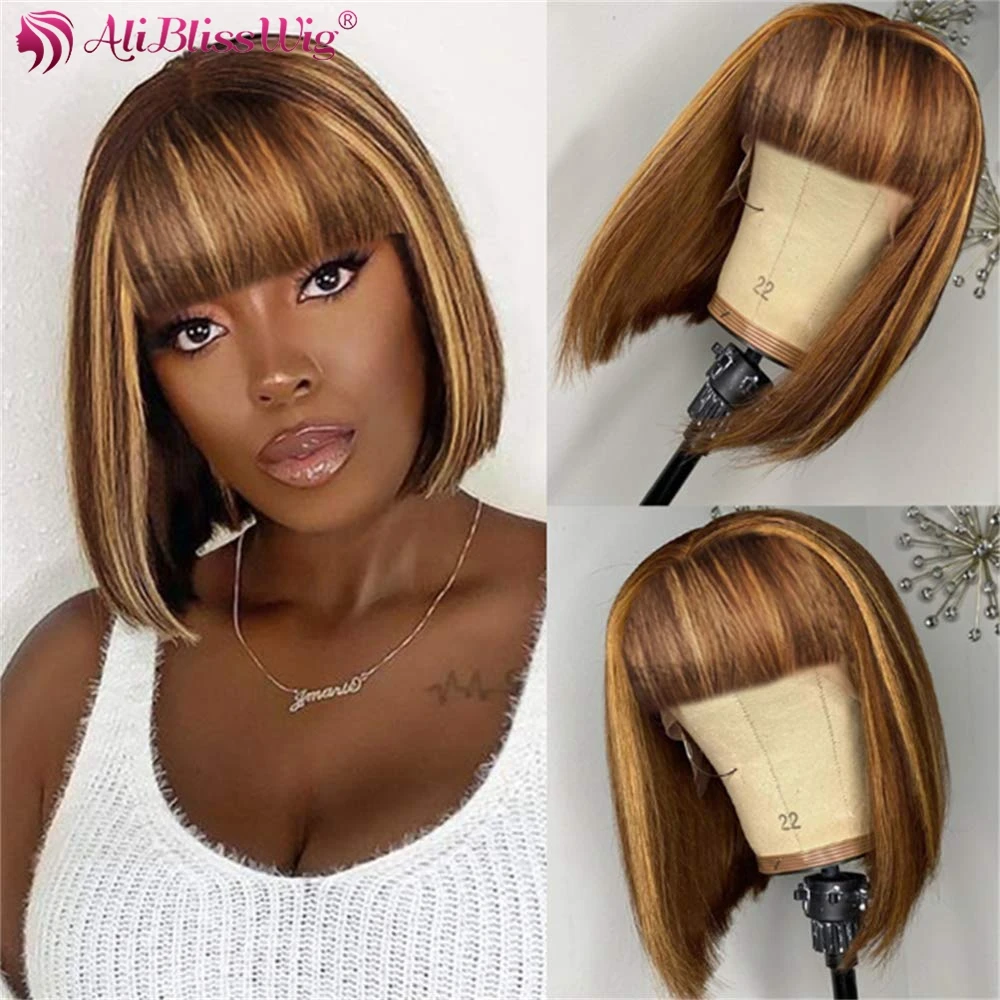 

Aliblisswig Short Bob Wig with Bangs Straight Brazilian Hair Wig Full Machine Made Highlight Human Hair Bob Wigs for Women