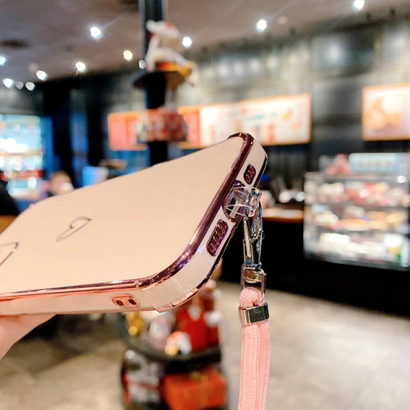 

Electroplated love heart Lanyard Phone Case For iPhone 12Pro MAX 11 XR XS Max 7 8Plus Luxury Plating Glossy Crossbody Soft Cover