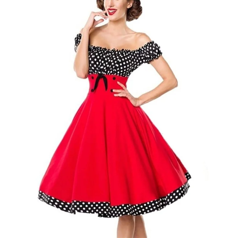 

2021 Retro Polka Dot Evening Dress Sexy Strapless A-shaped Retro Hepburn Style Waist Polka Dot Bow Stitching Big Swing Dress New
