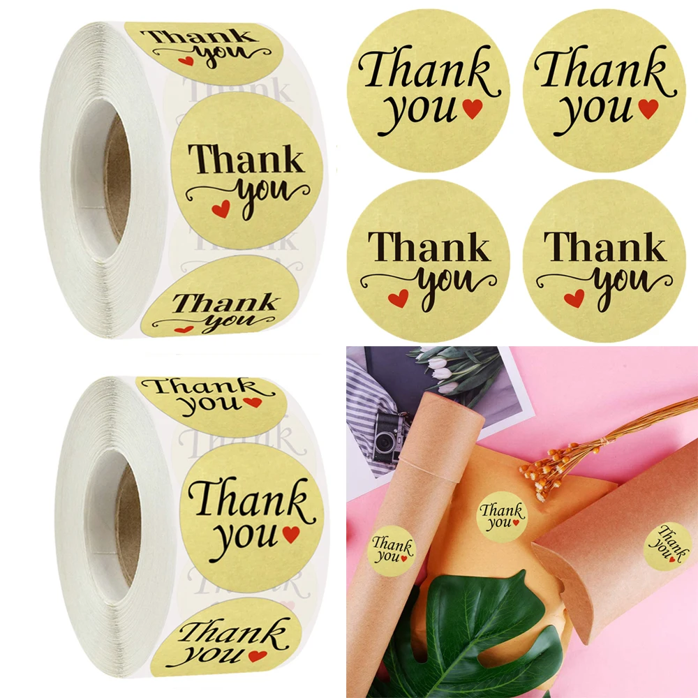 

500pcs/roll 3.8cm Kraft Paper Thank You Stickers Red Love Weeding New Year Party Decoration Gift Greeting Card Label