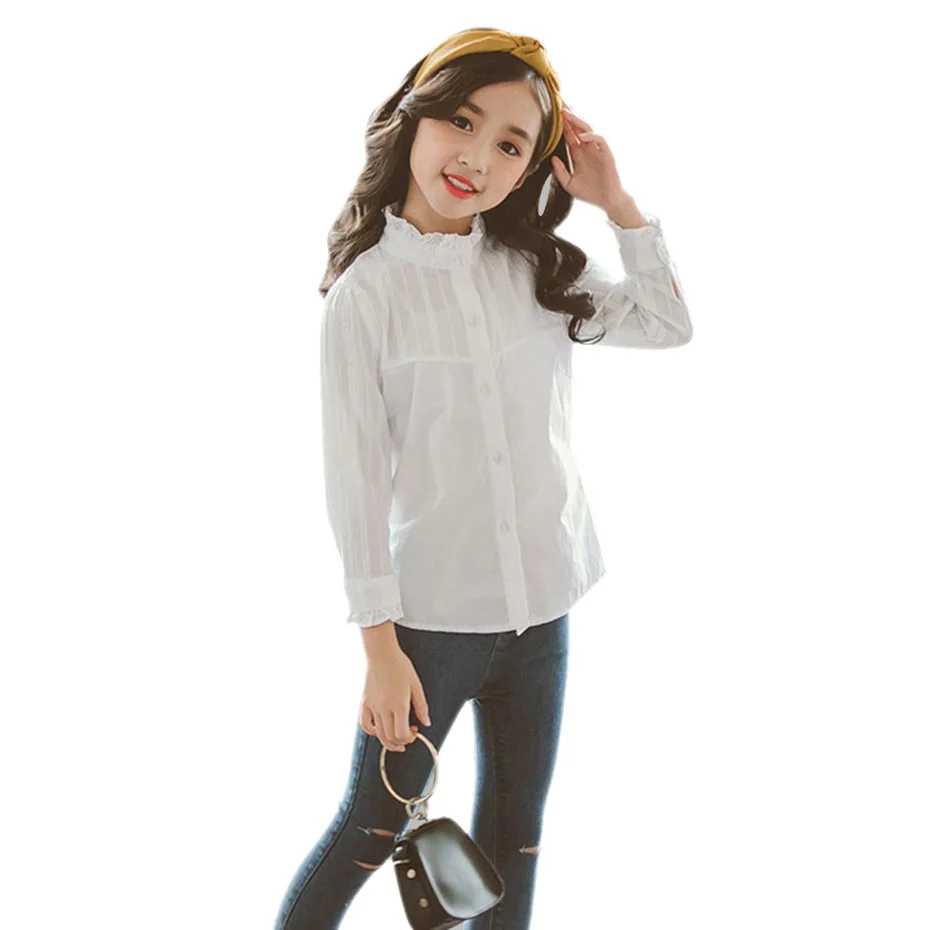 Блузка для девочек однотонная белая блузка Длинные рубашки школьная одежда на