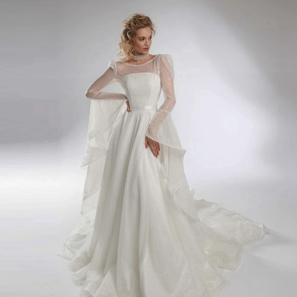 

Modern Sequins Flare Sleeves A Line Wedding Dress Illusion See Thru Shiny Wedding Gowns Elegant Backless Bridal Dresses Button