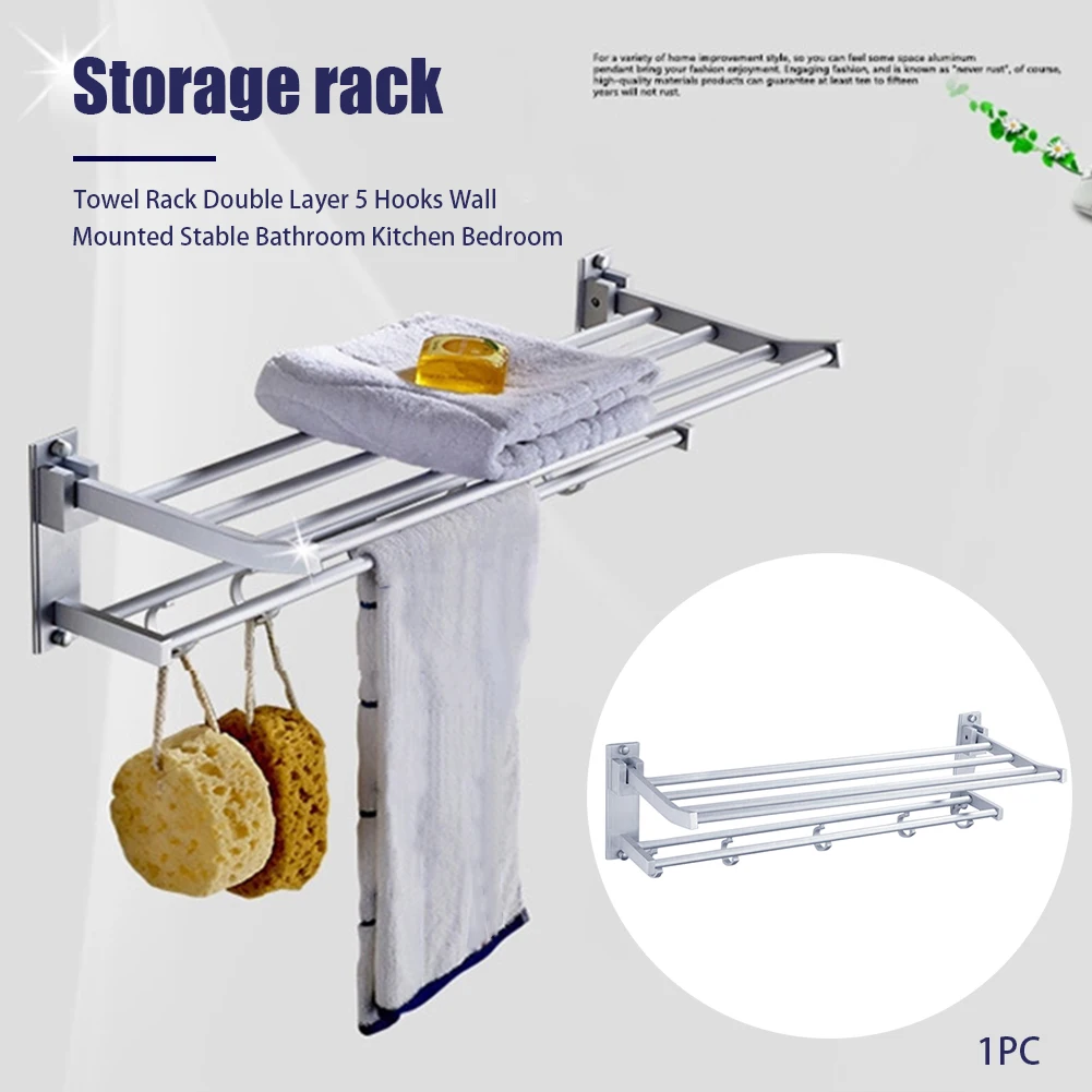 

Towel Rack Bathroom Kitchen Wall Mounted Double Layer Closet 5 Hooks Rustproof Bedroom Stable Daily Heavy Duty Foldable Stand