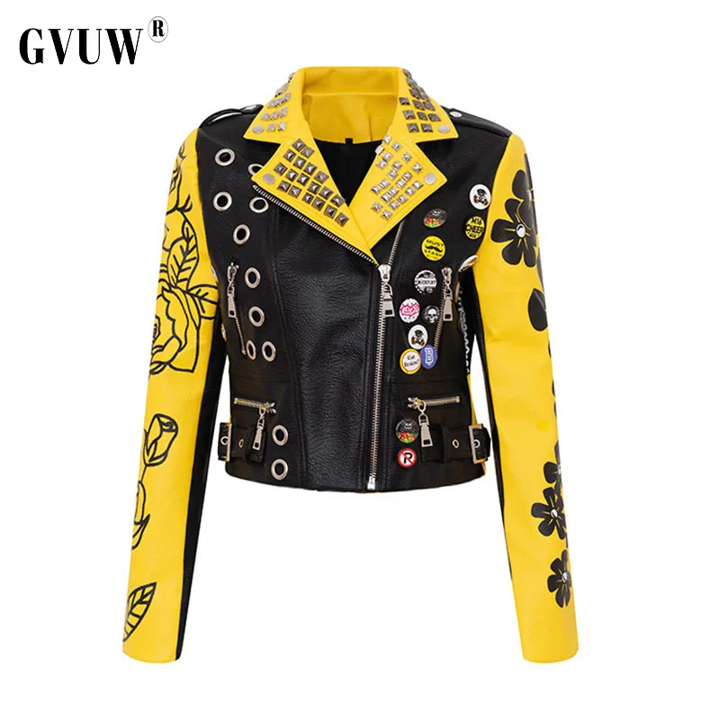 

[GVUW] Street Trendsetters Lapel Short Print Graffiti Slim Motorcycle Suit Jacket Women's PU Leather Clothes New Ariival KB1753