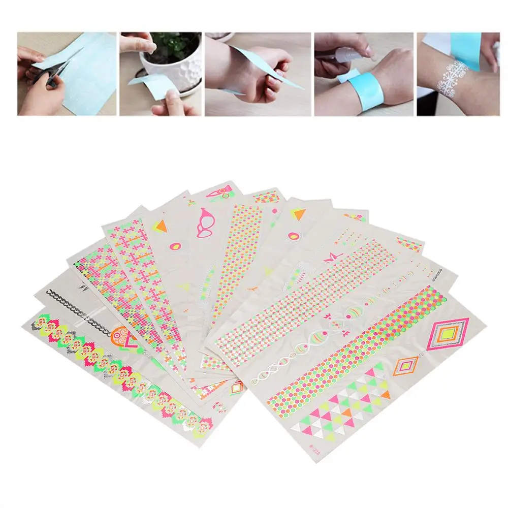 

10Pcs Fluorescent Color Temporary Tattoo Stickers Exquisite Pattern Personality Fashion Tattoo Makeup Decorative DIY Tool Supply