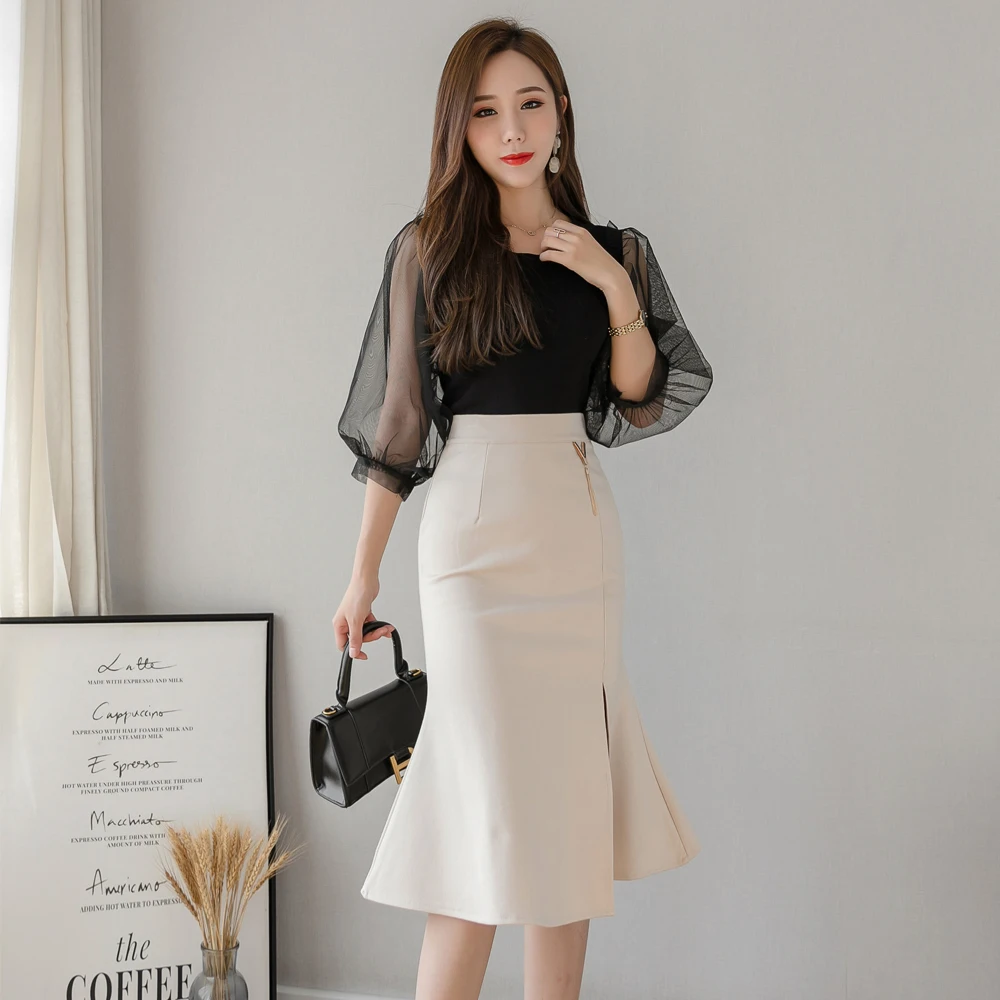 

Lady Package Hip Skirts High Waist Skirt Womens Elegant Ruffles Split Midi Skirt For Female Stretch Casual Jupe Plus Size