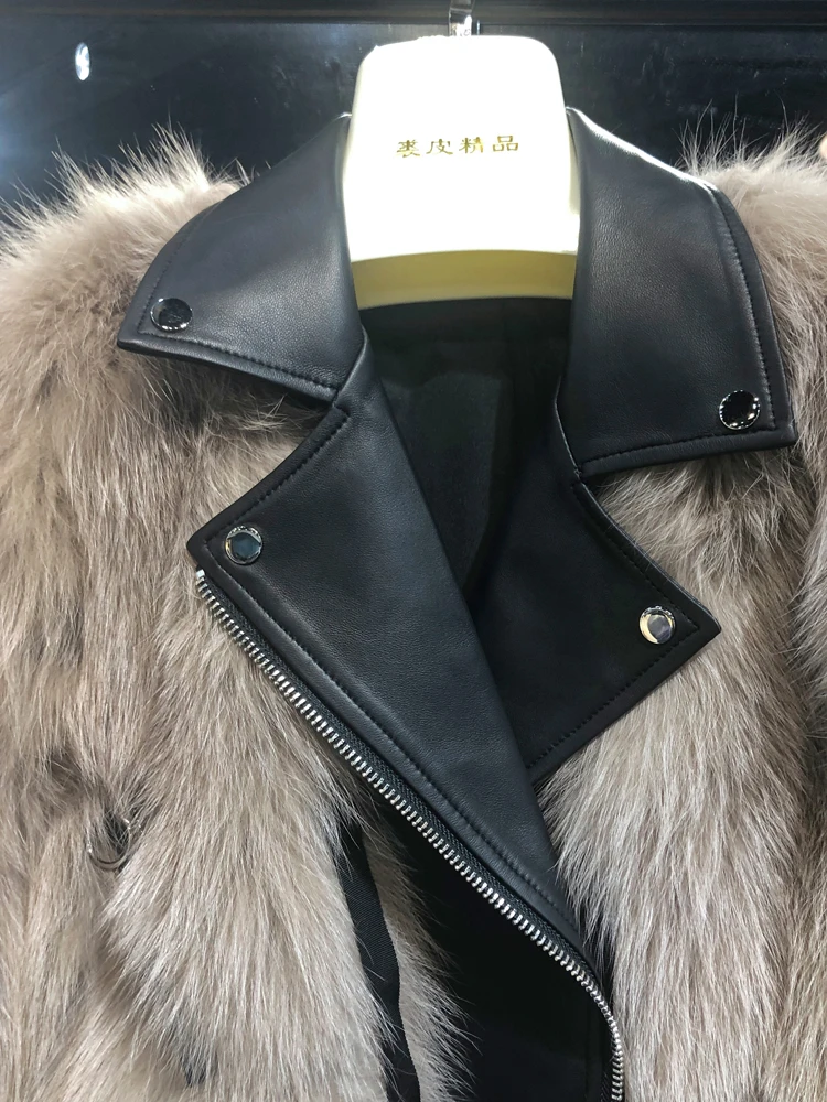 RosEvans Imported Real Fox Fur Locomotive Leather Double-faced Fur Jacket Female Women 2020 Autumn Winter New Turn Down Collar