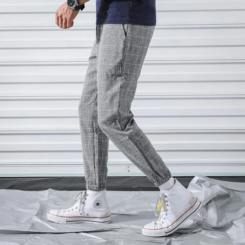 

Plaid Trousers For Men Fashion Large Sze Casual Pants 2020 Summer Pants New Men's Linen Pants Street Wear