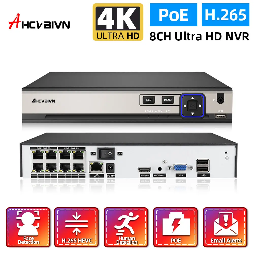 

Сетевой видеорегистратор, 8 каналов, NVR, POE, 4K, 8 Мп, 48 В, для IP-камер H.265, P2P, с датчиком присутствия человека, 8 Мп, 5 Мп
