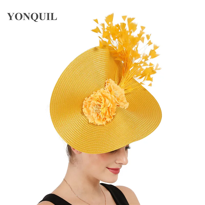 

Yellow Derby Tea Feather Big Fascinator Fedora Hats Bride Wedding Headwear Gorgeous Headpiece With Nice Flower Hair Accessories