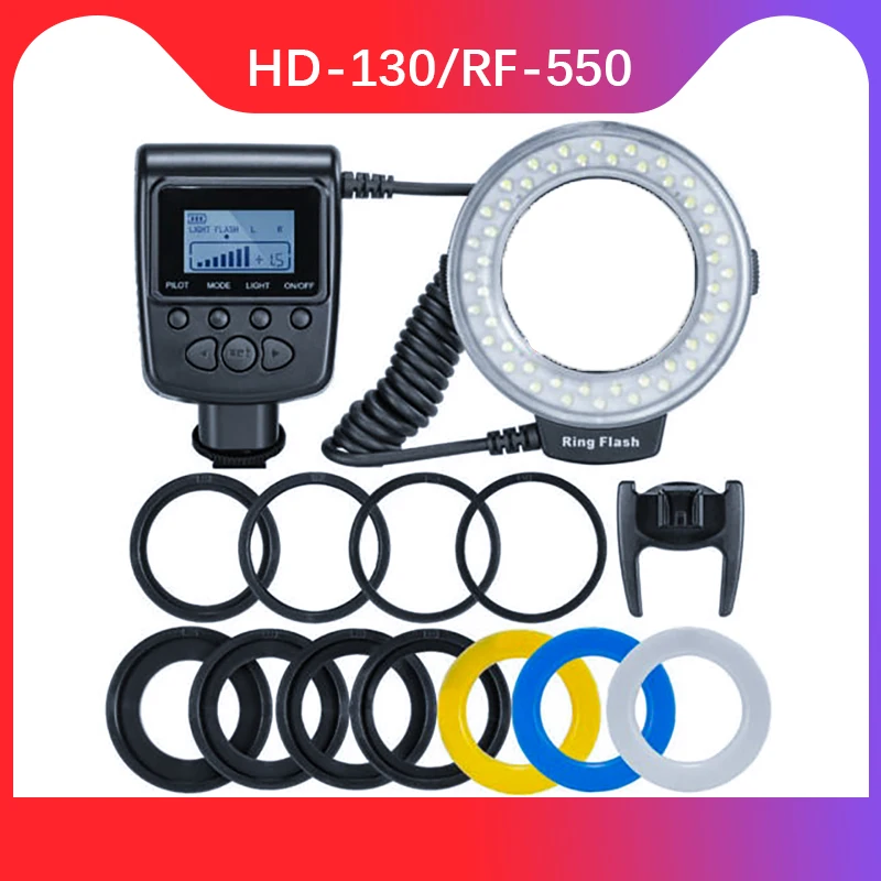 RF-550D HD130 Macro LED Ring Flash Bundle with Adapter Ring for Canon Nikon Pentax Olympus Panasonic DSLR Camera Macro Flash images - 6