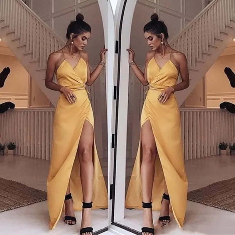 

Celebrity Red Carpet Gowns spaghetti strp High Side Split Sexy Prom Dress Zipper Back Long Formal Evening Gowns for Party