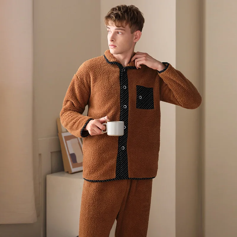 Pajamas Sets Men's Lamb Cashmere New Autumn Winter Thickened Warmth Loose Home Clothes Coral Velvet Sleepwear Lounge Nightwear