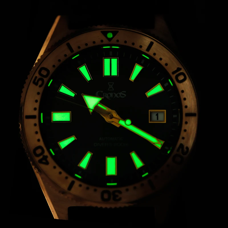 

Cronos Men's Diver Watch Bronze CUSN8 Sapphire Green Dial Japan NH35A Automatic Self-Winding Movement Diving Wristwatch Relogio