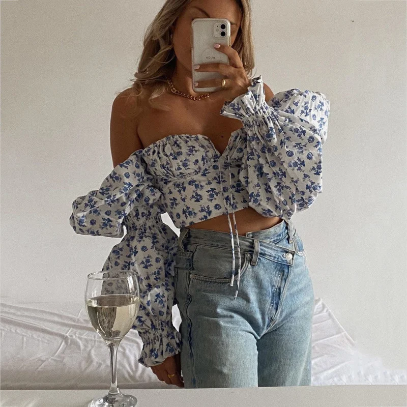 

Floral Women Print Top Blue Blouses Shirts Puff Sleeve 2021 Fashion Slim Spring Summer Streetwear Sweet Sexy Lady Chic Crop Top
